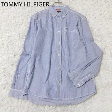 타미힐피거 와이셔츠 스트라이프 패턴 면 로고 포켓 블루 L