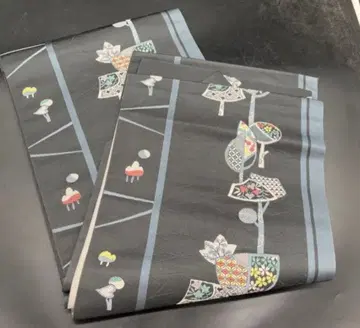 고급 순수 실크 샤레 오비 나고야 오비 앤티크 블랙 계열