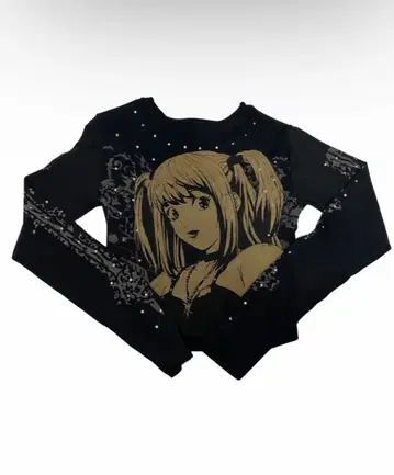 지뢰계 Y2K 애니메이션 걸 롱 T 라메 스톤 부착 블랙 상의