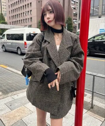 글렌체크 더블 숏 기장 자켓 코트