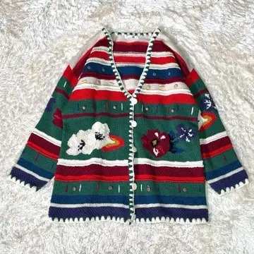 레트로 개성파 가디건 하이비스커스 자카드 멀티 컬러 울