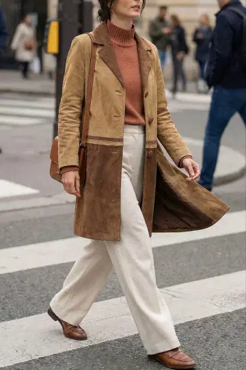 빈티지 바이컬러 스웨이드 가죽 코트