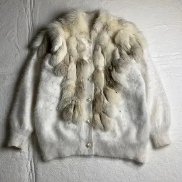 [ 니트 가디건 아이보리 퍼 비즈 복슬복슬 고급스러움 구제 의류 ]