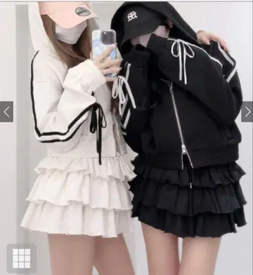 그레일 더블 지퍼 후드티 x 티어드 미니 스커트 맨투맨 셋업 블랙