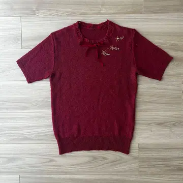레트로 구제 의류 썸머 니트 반팔 옷깃 리본 펄 자수 와인 레드 셔츠