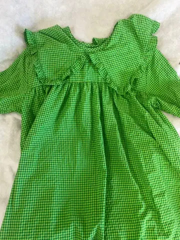 W C 그린 컬러 체크 무늬 반팔 원피스