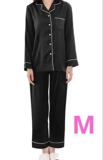 파자마 상하의 세트 긴팔 롱팬츠 홈웨어 새틴 블랙 M 촉감 좋음