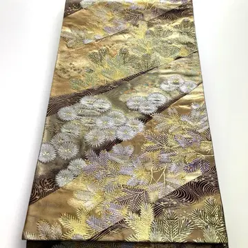 아름다운 골드 컬러 보라색 잎 무늬 후쿠로 오비