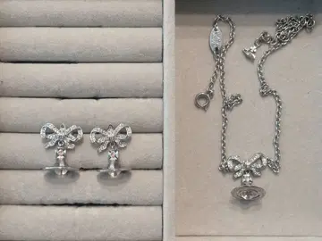 비비안 리본 목걸이 귀걸이 세트 핑크