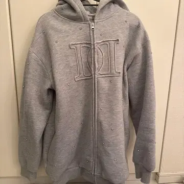 비즈 장식 그레이 오버 사이즈 후드티