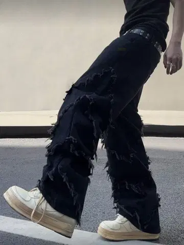 프린지 블랙 데님 와이드 팬츠