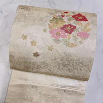 나고야 오비 순수 실크 금실 은실 동백꽃 문양 하나비시 기모노 053t