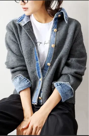 SpRay 데님 절개 페이크 레이어드 가디건