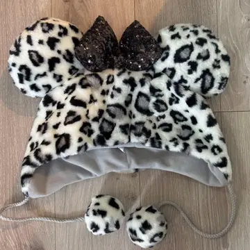 레오파드 무늬 퍼 모자 스팽글 리본 포함 디즈니