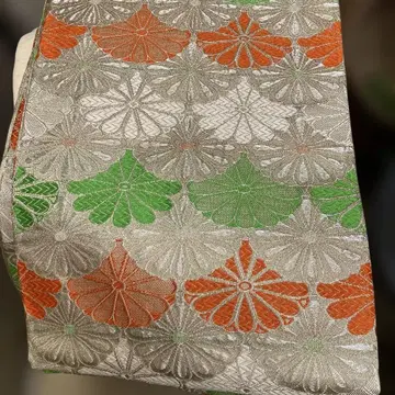 사가니시 꽃잎 무늬 후쿠로 오비 오렌지 그린