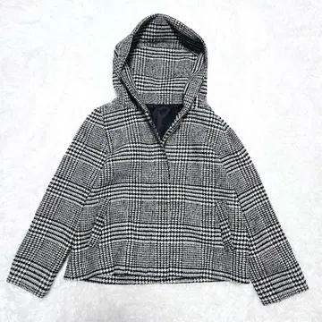 글렌체크 후디드 코트 울 혼방 M 새상품급 숏 기장 깔끔한