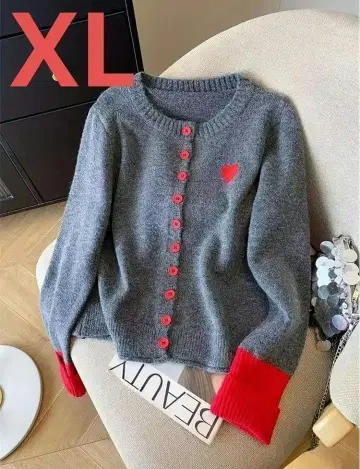 귀여운 6 그레이/빨간색 하트 자수 가디건 XL 멋쟁이