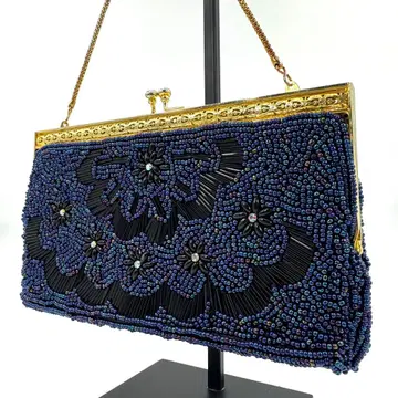 새상품급 비즈 백 파티 백 핸드백 일본 의류 가마구치 네이비