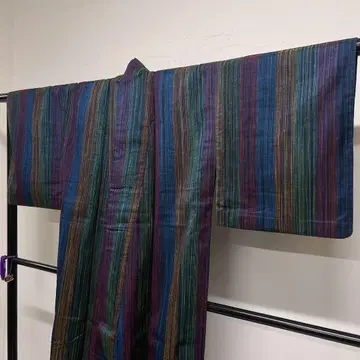 코몬 단의 명주 그라데이션 다크톤 세로줄 기모노 126tz