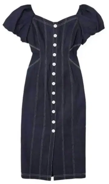 Herlipto 퍼프 슬리브 미디 드레스 M 네이비