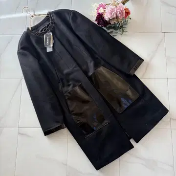 미사용 새상품 DKNY 울 롱 코트 노카라 인조 가죽 아우터 블랙