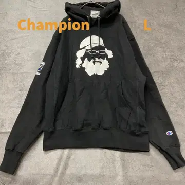 챔피온 리버스 위브 후드티 L 속기모 빅 프린트 블랙 [ 5826
