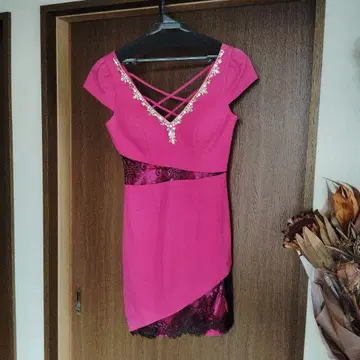 핑크 레이스 장식 V넥 드레스