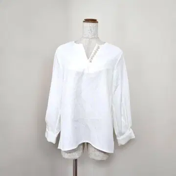 세존드파피용 V넥 블라우스 화이트 펄 버튼 ( S ) 깔끔한