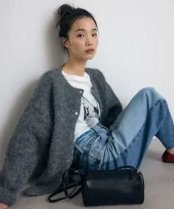 봉쥬르자강 울 혼방 믹스 니트 코쿤 가디건