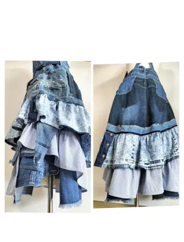 리메이크 데님 프릴 오버롤 스커트 세계에서 하나 구제 의류 재구축