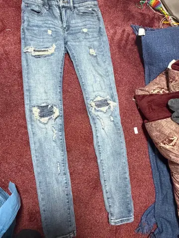 mnml 데미지 가공 스키니 데님 라이트 블루