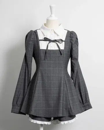 pium 프론트 리본 요크 절개 긴팔 셋업 그레이 체크