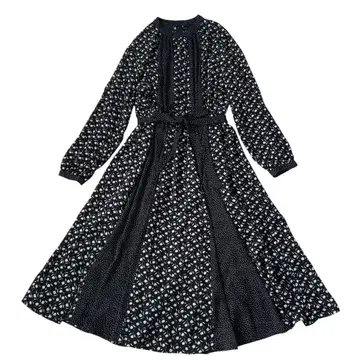 소클로스 꽃무늬 도트 롱 원피스 M 리본 포함 블랙 플레어 디노스