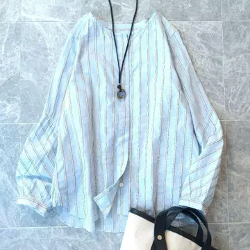 536 휴먼 우먼 노카라 스트라이프 셔츠 긴팔 블루