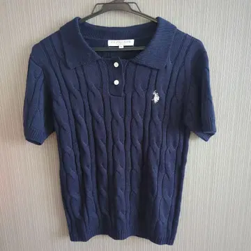 U.S. POLO ASSN 케이블 니트 반팔 피케 셔츠 네이비