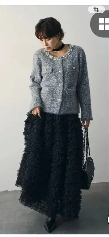 Frene 셋업 비쥬 니트 자켓 튤 프릴 스커트