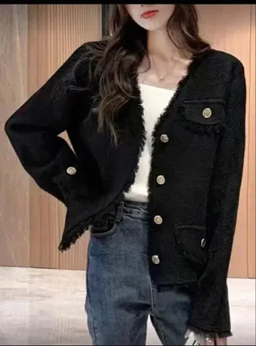 프린지 노카라 자켓 블랙