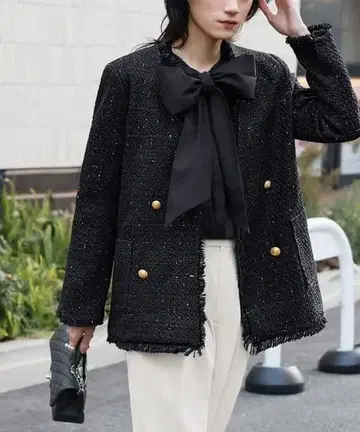 ELFRANK 트위드 프린지 노카라 자켓