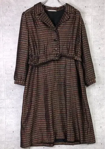 쇼와 레트로 올드 구제 의류 벨트 포함 자카드 오픈 카라 원피스