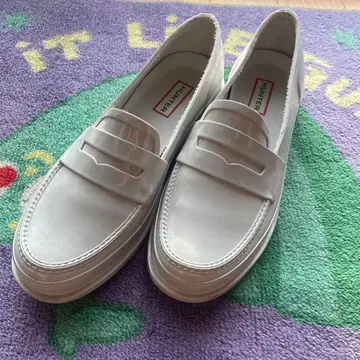 HUNTER 화이트 그레이 로퍼 레인 슈즈