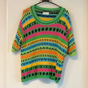 90s 베네통 멀티 컬러 코튼 반팔 니트 46 빈티지