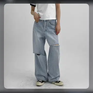 BLACKUP 탈리 데미지 와이드 데님 팬츠