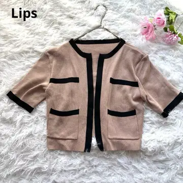 새상품급 Lips 배색 니트 가디건 숏 기장 베이지 블랙 [ F ] 한국