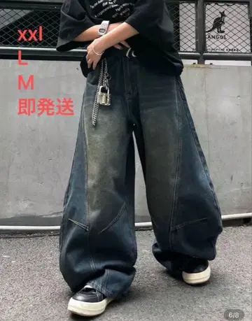 남성용 배기 팬츠 빈티지 가공 데님 y2k 스타일