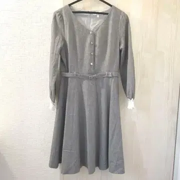 프로포션 그레이 긴팔 V넥 원피스