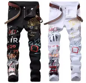 그래픽 프린트 데님 팬츠 (블랙 화이트)