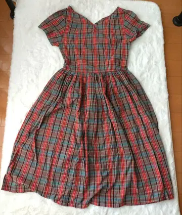 빨간색 체크 무늬 반팔 플레어 롱 기장 원피스 여성용 레트로 M