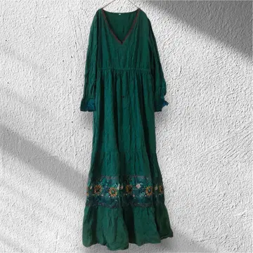 그린 V넥 롱 원피스 L