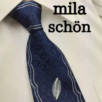 밀라 쇤 고급 실크 넥타이 올 패턴 네이비