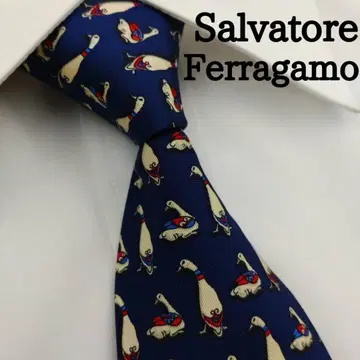 살바토레 페라가모 고급 실크 넥타이 올 패턴 (오리) 네이비